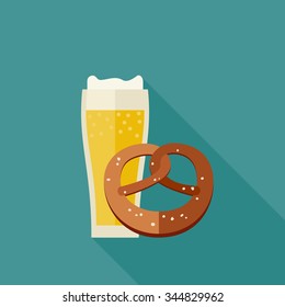 Mug of beer and pretzel icons in flat style. Vector illustration.