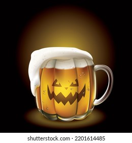 A mug of beer in a pumpkin shape on a dark background. Halloween festival concept. vector, illustrator.