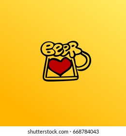 Mug of beer. Red heart inside. Vector logo.