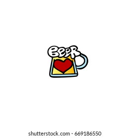 Mug of beer. Red heart inside. Vector logo.