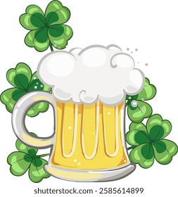 Mug of  beer. Saint Patricks Day illustration. Ale or beer in mug with shamrock clover leaf