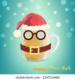 Mug of beer in Santa's cap. Vector illustration with noises for cafe and bar. Merry Christmas and Happy New Year.