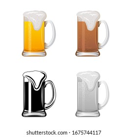 Mug with beer set. Color vector illustration isolated on white background.