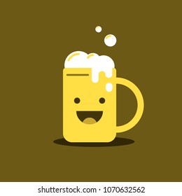 Mug of beer smiling. Flat design