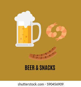 Mug of beer and snacks with shrimps, sausages flat illustration