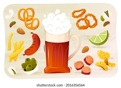 A mug of beer surrounded by popular beer snacks: pretzels, nuts and sausages. Vector illustration