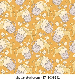 Mug with beer vector cartoon seamless pattern. Alcohol drink hand drawn background. Splash of beer beverage. Bright colorful drink concept for bar, restaurant, cafe, web design.