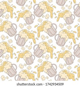 Mug con dibujos animados de vector de cerveza sin fisuras. La bebida alcohólica es un fondo dibujado a mano. Escasez de bebida de cerveza. Luminoso concepto de bebida colorida para bar, restaurante, cafetería, diseño web.