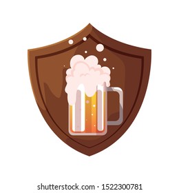 mug of beer with wooden shield in white background vector illustration design