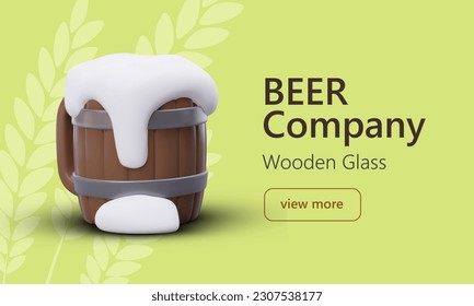 Mug for beer, wooden tankard. Mug filled with frothy alcoholic drink. 3D illustration for web design. Horizontal banner on green background decorated with spikes. White foam rises above beer