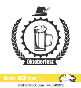 Mug of Beer with wreath and german hat. Beer icon. Vector illustration isolated on white background.