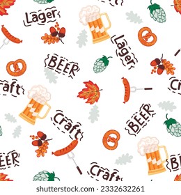 Mug of beer,sausage, pretzel and hand written words Lager,Craft,Beer.Seamless pattern  for beer festival.Oak twig with acorns, hop cone and autumn leaf.Vector illustration on white background.