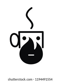 Mug with black beard. Hot coffee or tea. Blazing cup. Flame in the cup. Autumn and winter drink. Mulled wine. Funny cartoon character. Flat icon. Vector illustration.