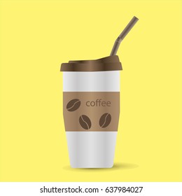 A mug of black coffee with a straw. Plastic cup with a lid and text. On a yellow background. 3d realistic vector icon