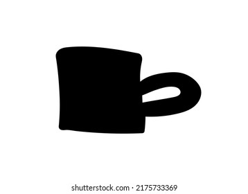 Mug black monochrome silhouette or icon or pictogram. Vector isolated shape in modern doodle style.