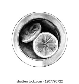 mug with black tea and two round lemon slices top view on mug, sketch vector graphic monochrome illustration on white background