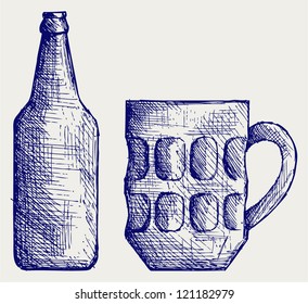 Mug and bottle beer. Doodle style