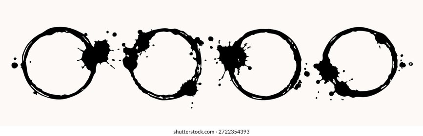 Mug bottom round marks. Coffee cup stains, wet stamp. Spilled liquid circle stain, print set. Hand drawn trendy Vector illustration. Isolated design elements