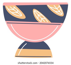 Mug or bowl, cup design with leaves print and abstract line design. Isolated kitchenware or vase for home interior design and decoration. Workshop on pottery with clay material. Vector in flat style
