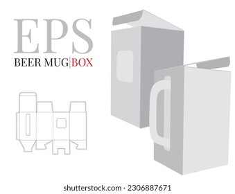 Mug box, die cut template. Beer mug box with mug inside, vector. White clear blank mug box mock up isolated on white background, illustration. Packaging design with perspective presentation.