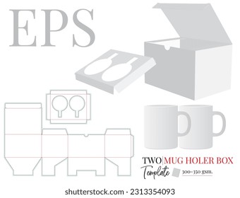 Mug box, die cut template. Two mug box with holder inside, vector. White clear blank mug box mock up isolated on white background, illustration. Packaging design with perspective presentation.