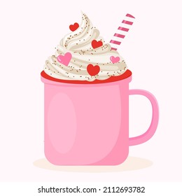 Mug con crema de mantequilla para el Día de San Valentín. Taza de café, cacao con crema, corazones decorativos. Ilustración vectorial.