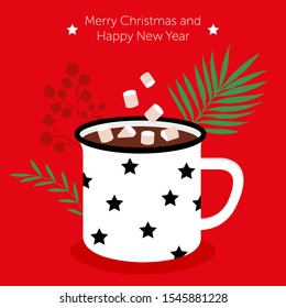 Mug with cacao and marshmallow, white cup with stars, christmas card