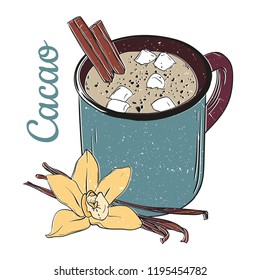 Mug with cacao, marshmallows, chocolate powdeer and vanilla. Design for posters, prints, cards templates, logos, signs.