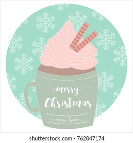 Mug cake with cream and snowy background for Christmas day