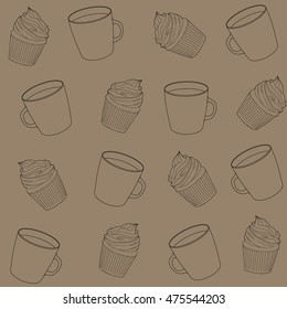 Mug and cake. Cup with coffee, tea on a brown background. Coffee cup and cupcake background. Seamless pattern. Vector illustration.