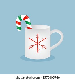Mug with candy cane, white cup with snowflake, blue background, vector illustration.