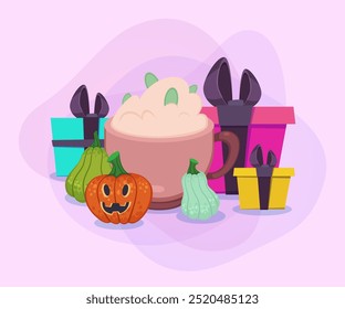 Mug with cappuccino, pumpkins and gift boxes on abstract background. Halloween banner design. Celebration, holiday, party concept. Vector illustration for postcard or poster