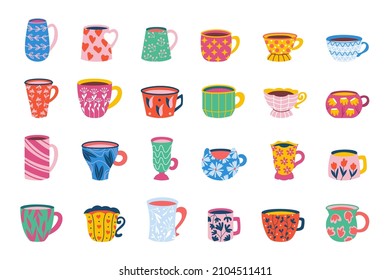 mug. Cartoon ceramic cup with different beverage collection, coffee tea and drinks in cups with simple floral ornaments. Vector set