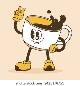 Mug character with smiling and pleased face showing peace or victory sign with fingers pointing up. Emoji with positive expression. Cup filled with coffee or chocolate beverage. Vector in flat style