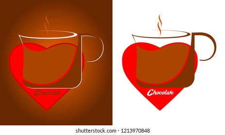 A mug of chocolate inside the red heart - illustration on a brown or a white background