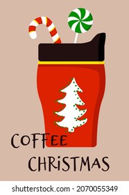 Mug of Christmas coffee with mint candy cane. Vector illustration isolated, celebratory seasonal  concept.