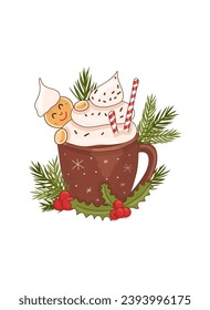 Mug of cocoa with cream, decorated with berries and fir branches, a gingerbread man looks out from behind the mug and smiles, he has cream on his head. Postcards, prints, decorations. vector.