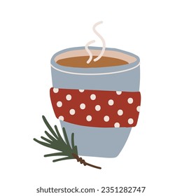 Mug with cocoa and fir twig. Christmas festive retro composition. Hand drawn vector isolated clipart