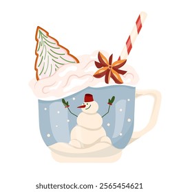 Mug with cocoa or latte with spices and gingerbread to keep warm on winter days. Atmospheric cup with snowman. Christmas mood illustration in vector. For holiday advertising, baking, banners and card