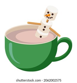 Mug of Cocoa with Marshmallow Snowman. Flat Style. Seasonal Winter Drink. Christmas Cup of Hot Chocolate icon for logo, label, sticker, print, recipe, menu, cafe decor and decoration