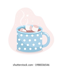 Mug with cocoa and marshmallows, blue mug in white polka dots, vector flat illustration, isolated, cartoon.