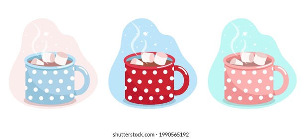 Mug con cacao y malvaviscos, pulpa azul, roja y rosa en puntos de polka blanca, ilustración plana vectorial, aislada, dibujos animados.