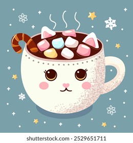 Mug of cocoa with marshmallows, cinnamon. Festive Christmas drink with sweets. Flat vector illustration