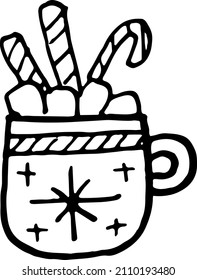 A mug with cocoa and marshmallows. Doodle illustration on a white background.