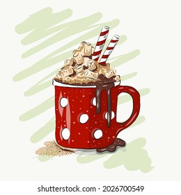 a mug with cocoa and marshmallows and a green background