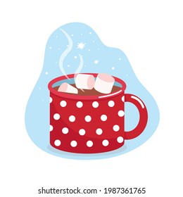 Mug con cacao y malvaviscos, taza roja con puntos de polka blanca, ilustración plana vectorial, aislada, dibujos animados.