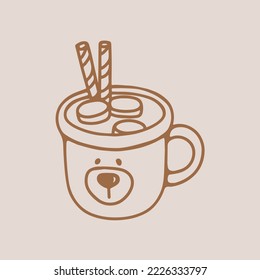 Mug of cocoa with marshmallows vector illustration. Mug of cocoa with a bear face.