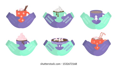 A mug of cocoa in mittened hands. Winter recreation and drinks. Vector illustration.