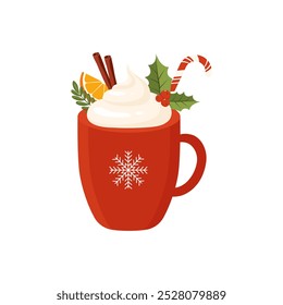 Mug of cocoa with whipped cream, cinnamon, orange, and a candy cane. Vector illustration.