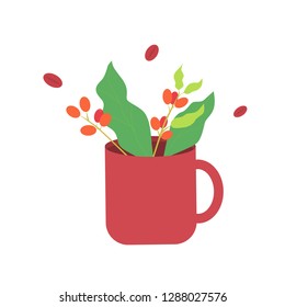 Mug of coffee. Coffee bean with leaves and coffee berries. Vector illustration on white background .